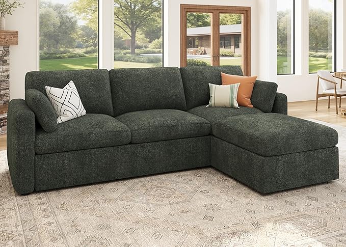 HONBAY Modular Sectional Couch with Storage Seats, L Shaped Sectional Sofa with Storage, Chenille Sectional Couches for Living Room, Green