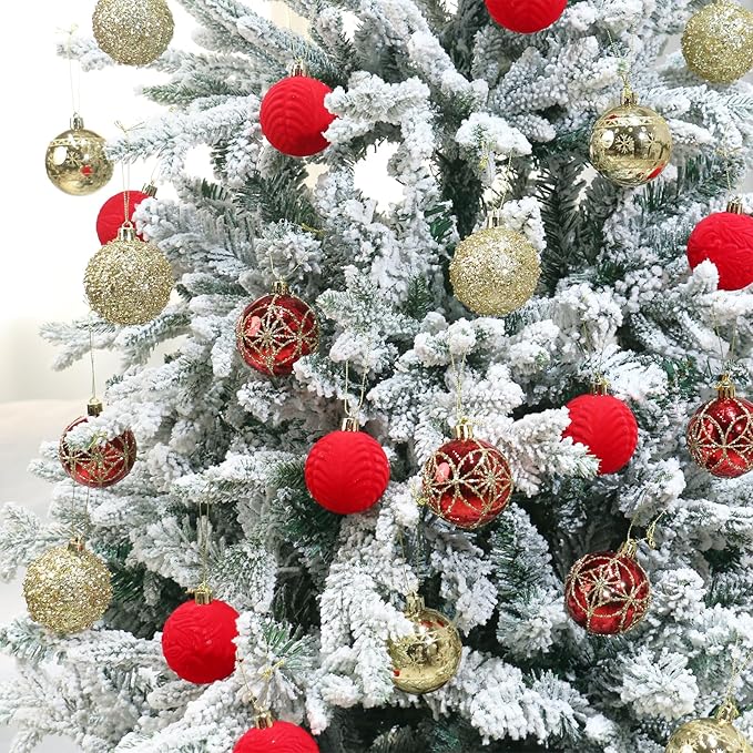 2.36In Velvet Christmas Ball Ornaments, 25PCS Red/Gold Flocked Christmas Tree Hanging Decorations, for Home Holiday Wedding Indoor Xmas Party Decor.