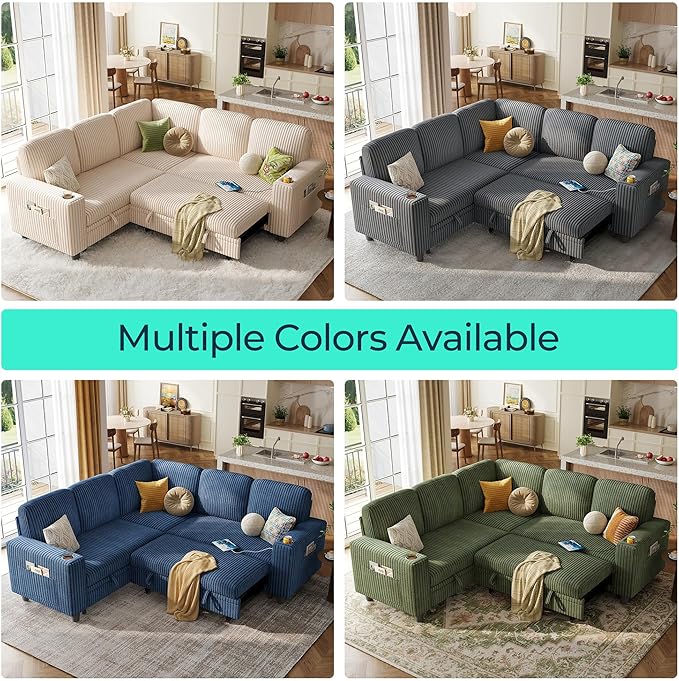 LINSY HOME Sectional Sleeper Sofa with Pull Out Couch Bed - Convertible Plush Corduroy Cloud Couch with Storage Chaise & USB Charging, Comfy L Shaped Modular Couches for Living Room Apartment (Grey)