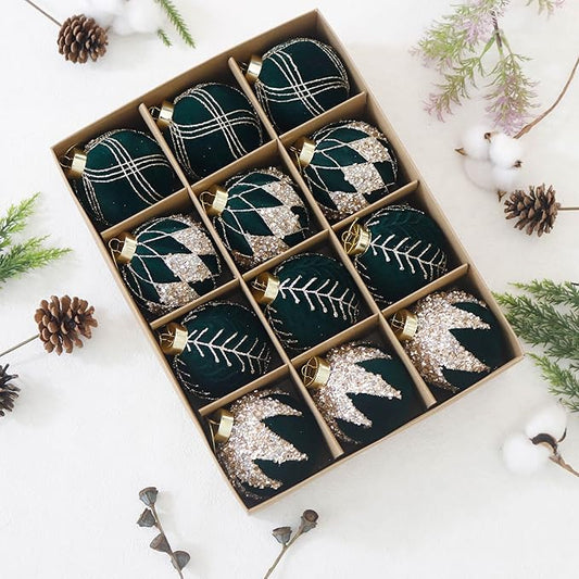 3.15INCH Green Velvet Ornaments for Christmas Tree, 12PCS Glitter Flocked Christmas Ornaments Decorations Balls Set Decor