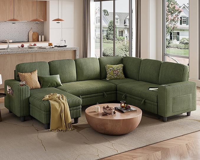 LINSY HOME Sectional Sleeper Sofa with Pull Out Couch Bed Convertible Plush Corduroy Cloud Couch with Storage Chaise & USB Charging, Comfy Modular Couches for Living Room (Green)