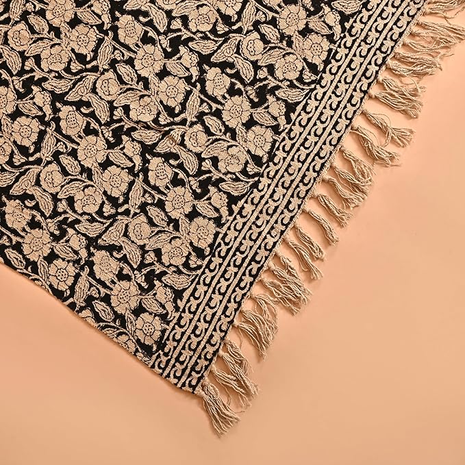 Handmade Cotton Throw Blanket, Floral Block Print, Black and Beige Wrap, 47x71 inches Decorative Woven Throw with Tassels