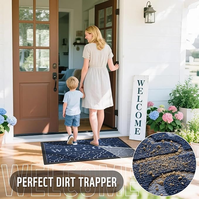 Yimobra Welcome Mat Outdoor Indoor, All-Season Waterproof Front Door Mat Outside Entrance, All-Weather Heavy Duty Non-Slip Doormat, Low Profile Porch Patio Entrance Mats, 47x24, Blue