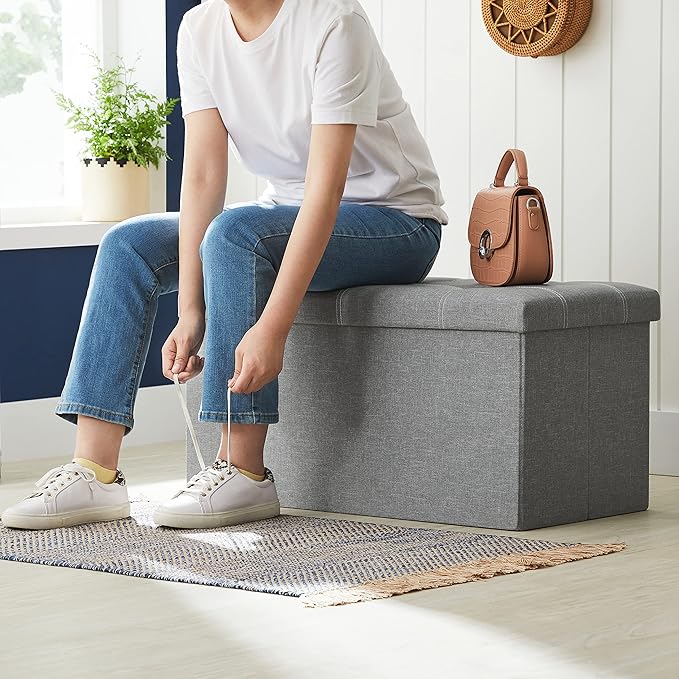 SONGMICS MAZIE Collection - 30 Inches Ottoman Storage Bench, 21 Gal. Folding Chest with Breathable Linen-Look Fabric, Load up to 660 lb, for Entryway, Living Room, Bedroom, Light Gray ULSF001G02