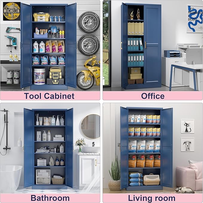 71" Storage Cabinet, Metal Pantry Cabinet, Kitchen Pantry Storage Cabinets with Doors and 4 Shelves, Cabinets for Laundry Room, Living Room, Dinning Room, Assembly Required, Blue