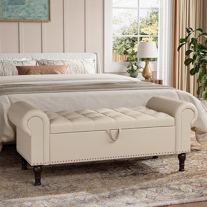 51" Storage Ottoman Bench for Bedroom, Full Queen Storage Bench with Button, Upholstered Bedroom Bench with Rolled Arms for Living Room, Storage Room, Entryway, Beige+Brown Legs