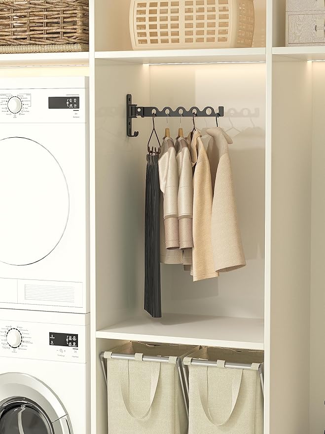 Dr.DJ Wall Hanger for Clothes, Coat Hanger Mounted Matte Black Retractable Clothes Drying Organizer Rack Garment Hooks Aluminium Folding Indoor Space Saver (2 Racks) Black