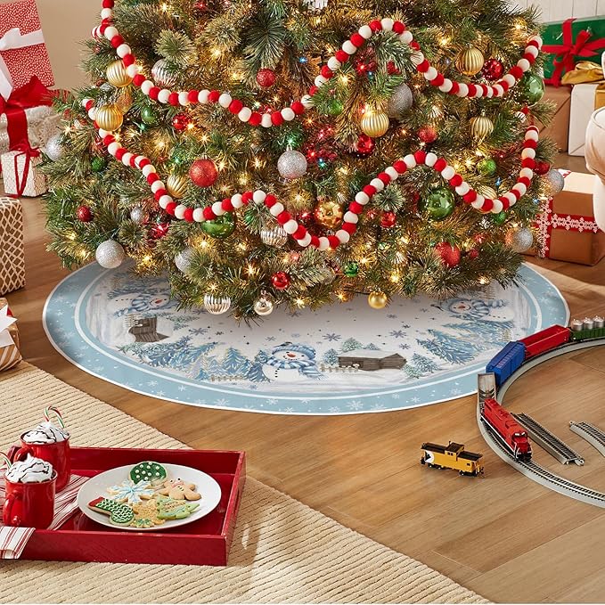 AVOIN colorlife Snowflake Snowman Cardinal Christmas Tree Skirt 48 Inch, Winter Holiday Tree Mat Decoration