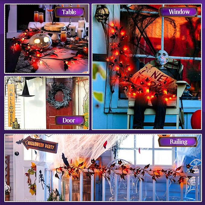 Halloween Lighted Willow Vine Twig Decoration, 6.56 FT Light up Garland Battery Operated with Orange LED Lights, 8 Modes and Timer, 12 Pumpkin and Ghost Ornaments, 4 Adhesive Hooks