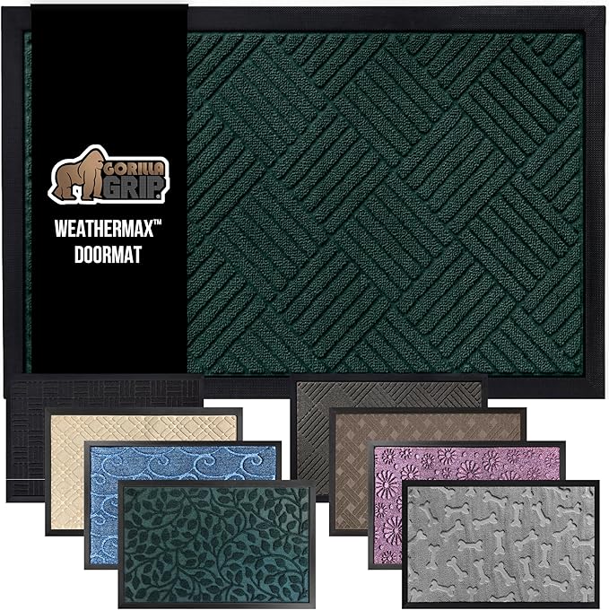 GORILLA GRIP 100% Waterproof All-Season WeatherMax Doormat US Designed Natural Rubber, Stain and Fade Resistant, Low Profile Indoor Outdoor Door Mats, Easy Clean Patio Mat, 17x29, Green Diamond