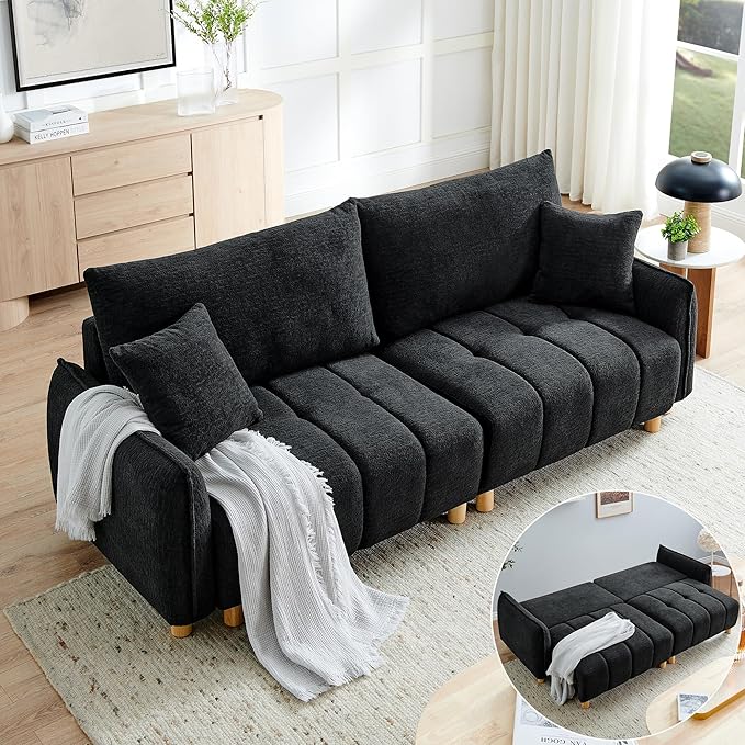 Convertible Sofa Bed, 90" Full Size Sleeper Sofa with Storage, Tufted Chenille 3 Seat Sofa Couches for Living Room, Small Spaces, Guest Room, Apartment, Black