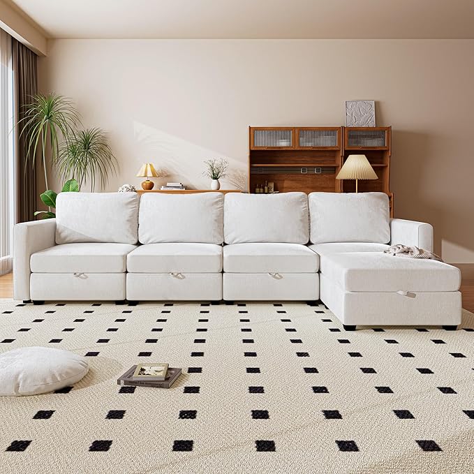 mestyl Modular Sectional Sofa Convertible L Shaped Sofa Couch Set with Storage for Living Room, Modern 4 Seater Modular Sectional Couch with Movable Ottoman (Beige)