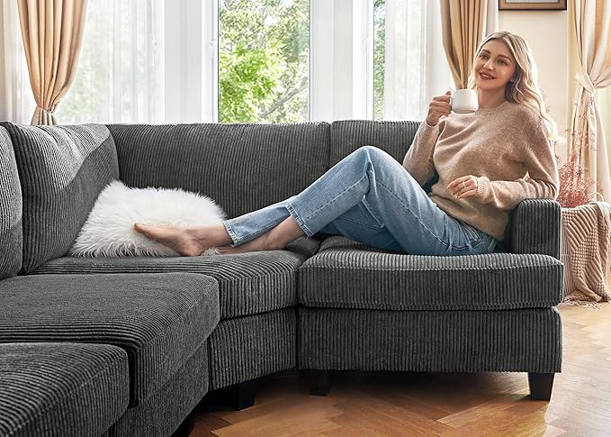 Nolany Sectional Sofa with Storage Ottoman, U Shape Couch with Chaise, Corduroy Modular Sectional Couch for Living Room, Dark Grey