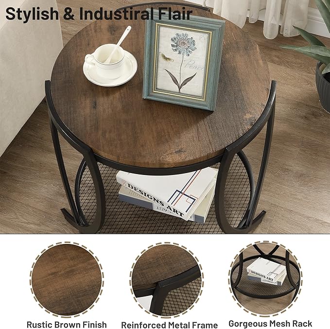 ASYA Industrial Round End Table with Storage Shelf, 2-Tier Side Table for Living Room, Adjustable Feet & lmitation Wood Grain Surface, Rustic Brown