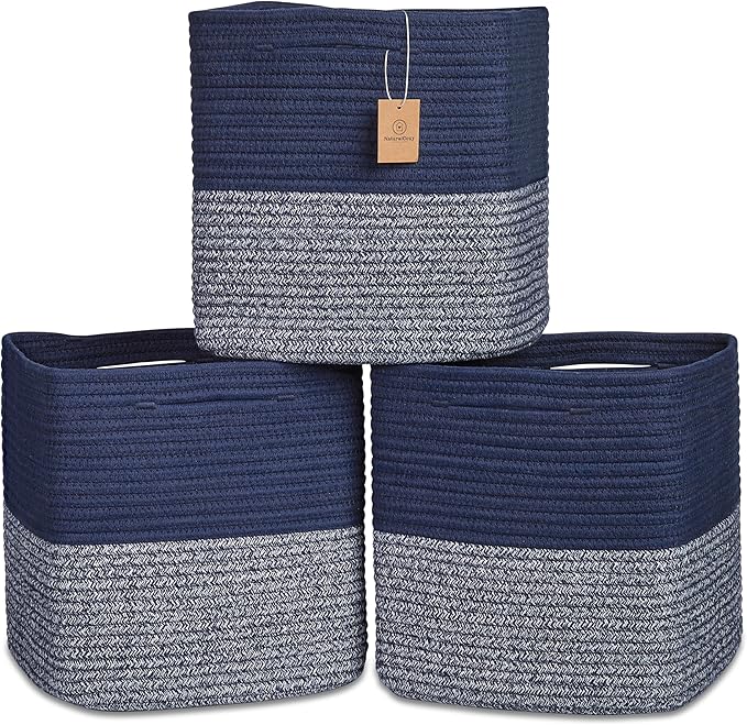 NaturalCozy 13 Inch Cube Storage Bins Cotton Rope Woven Baskets for Organizing 3-Pack | 13 x 13 Storage Cubes | Fabric Square Storage Baskets for Shelves Organizer, Kids Toy Bins, Closet Baby Nursery