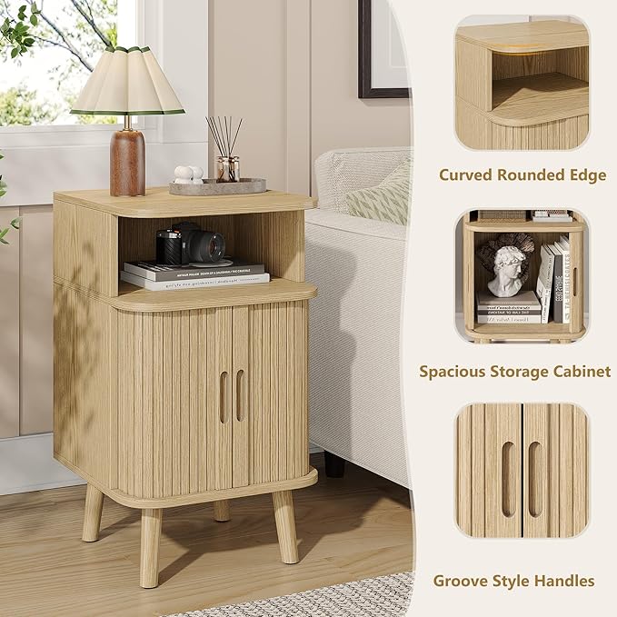 Alohappy Mid Century Modern End Table, Fluted Wood Nightstand with Sliding Tambour Door, Curved Round Edge Side Table with Storage Cabinet for Bedroom, Living Room, Natural Oak