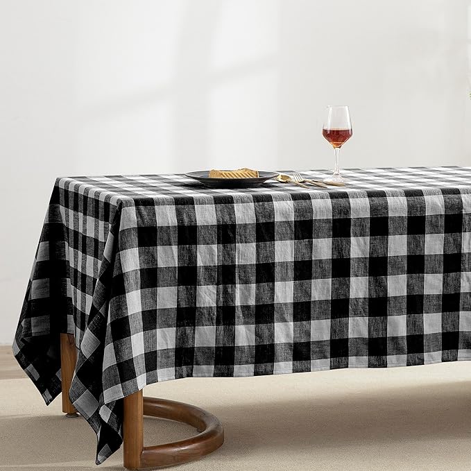 EVERLY 100% Yarn-Dyed Linen Rectangle Tablecloths 60x84Inches for Dining,Buffet Parties,Picnic,Events and Restaurants,Decorative Halloween,Thanksgiving Machine Washable Tablecloths-Black Plaid