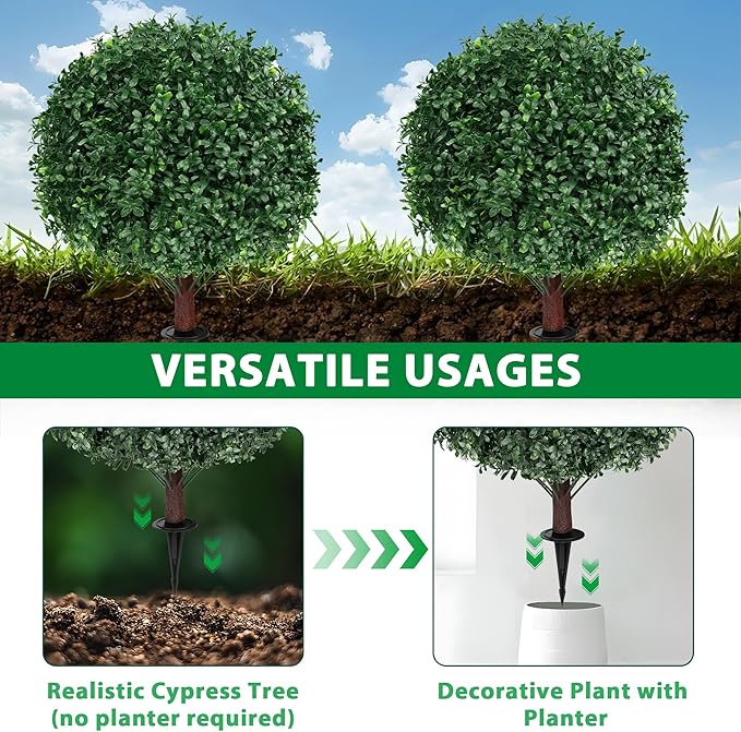 Artificial Boxwood Topiary Ball Tree with Ground Spike, Set of 2 Artificial Shrub Bushes, Fake Evergreen Tree for Porch, Artificial Plants for Outdoor Planters Indoor UV Resistant