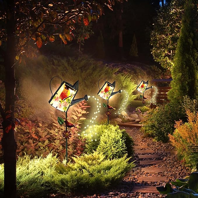 Garden Solar Lights Outdoor, Metal Watering Can Garden Stake Lights Cardinal Bird Decor Glass Art for Walkway, Pathway, Yard, Lawn