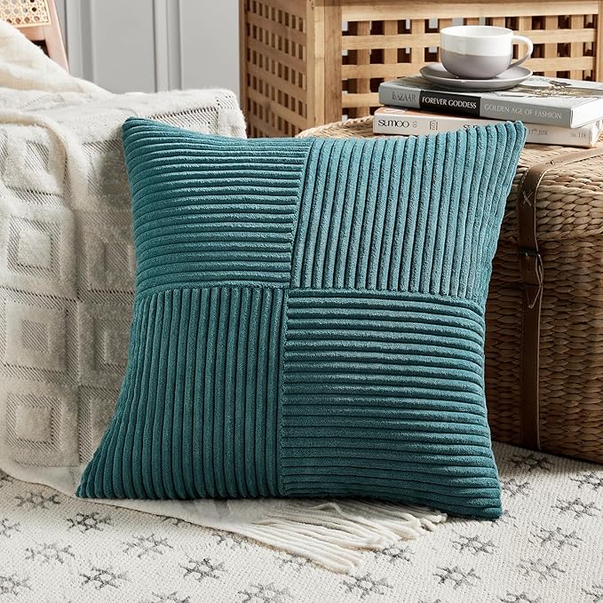 Fancy Homi 2 Packs Teal Decorative Throw Pillow Covers 18x18 Inch for Living Room Couch Bed Sofa, Rustic Farmhouse Boho Home Decor, Soft Corss Corduroy Patchwork Textured Square Cushion Case 45x45 cm