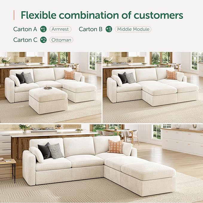 HONBAY Sectional Couch with Storage Seats, Modular Sectional Sofa with Storage Ottoman, U Shaped Sectional Couches for Living Room,Beige