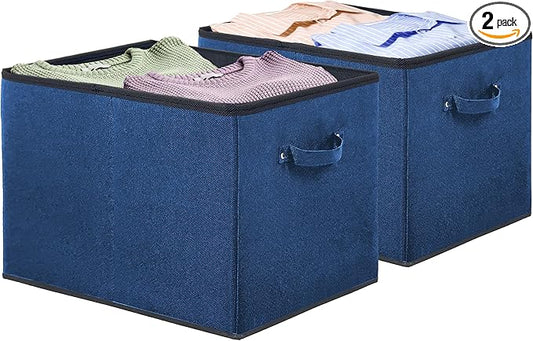 SIMPLE HOUSEWARE 15 x 13 Inch Collapsible Fabric Storage Bin with Handles, 2 Pack, Steel Blue