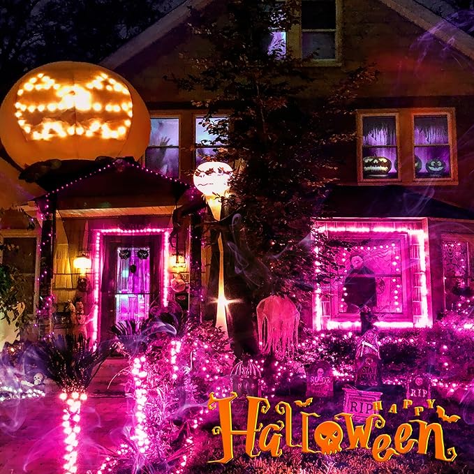 woohaha Outdoor Halloween Lights, 2PACK 13ft 50 Count Incandescent Blubs & Green Wire Mini Lights, 120V High-Voltage Connectable Light String, for Indoor Patio Garden Tree Party Decoration, Purple