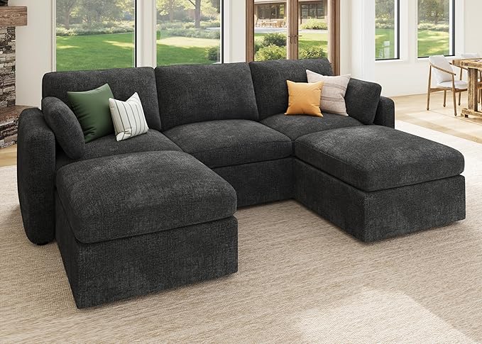 HONBAY Grey Chenille Fabric Modular Sectional Sofa with Storage, U Shaped Sectional Couch for Living Room, 111.10W x 66.20D x 35.40H inches