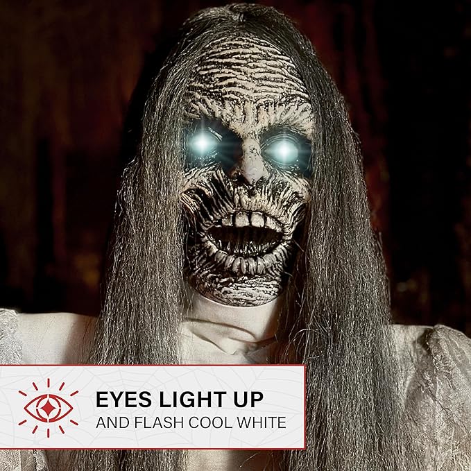 Haunted Hill Farm Lifesize Scary Haunted Woman Halloween Prop with Touch Activated Lights and Sound, Battery-Operated Indoor or Covered Outdoor Halloween Decoration