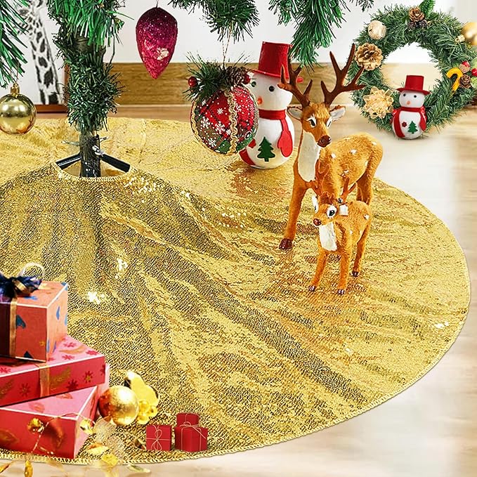 Eternal Beauty Christmas Tree Skirt, 24 Inch Gold Sequin Tree Skirt Small Xmas Tree Skirt for Christmas Tree Decorations