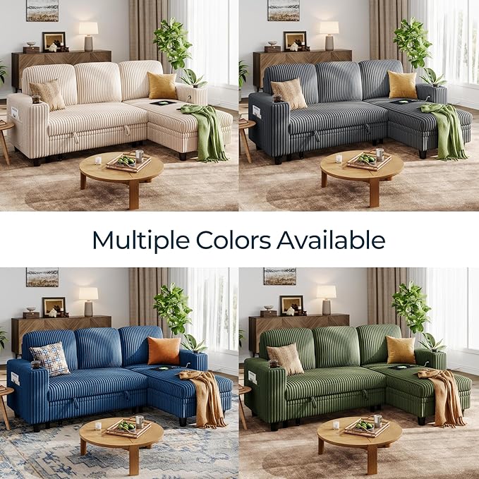 LINSY HOME Sectional Sleeper Sofa with Pull Out Couch Bed - Convertible Plush Corduroy Cloud Couch with Storage Chaise & USB Charging, Comfy L Shaped Modular Couches for Living Room Apartment, Beige