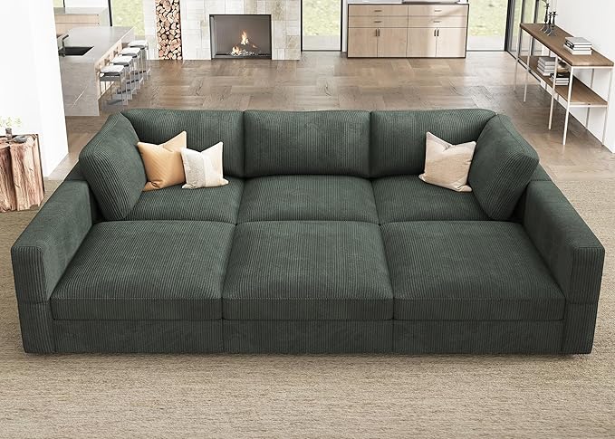 HONBAY Modular Sectional Sofa with Storage Corduroy Sectional Sleeper Sofa Modular Sectional Couches for Living Room,Green