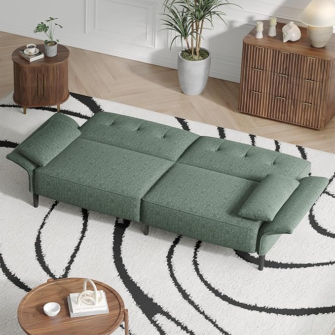 89” Futon Sofa Bed, Linen Comfy Futon Couch Bed with 2 Square Pillows, Convertible Sleeper Sofa with Adjustable Backrest& Armrests, Modern Loveseat Sleeper for Living Room, Bedroom, Green