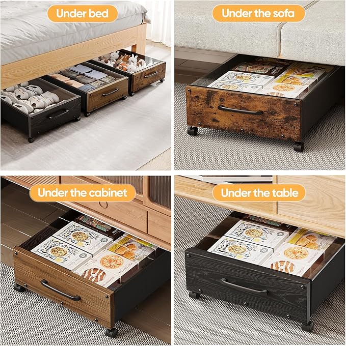 Wooden Under Bed Storage with Wheels, Rolling Under the Bed Storage Bins with Removable Lid, Metal Under Bed Drawers for Clothes and Shoes in Bedroom or Living Room(Black Wood-2pack)