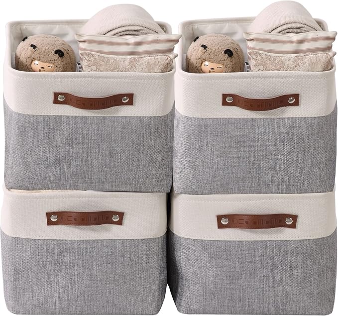 DECOMOMO Storage Baskets for Shelves - Fabric Closet Organizers and Storage Bins, Perfect Baskets for Organizing Closet Toys Nursery (Grey and White, XL - 4 Pack)