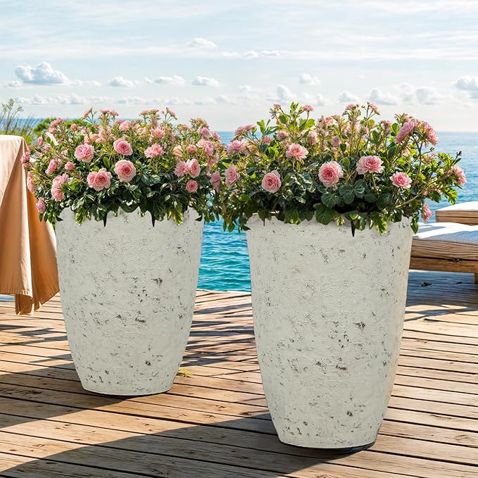 19.5" Resin Tall Planters for Outdoor Plants, Set of 2 Country White Large Flower Pots with Handmade Birch Bark Texture, Heavy-Duty and Weather-Resistant for Year Round Indoor Outdoor use
