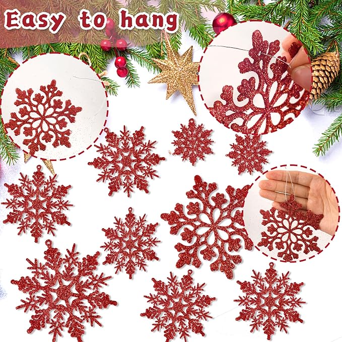 36pcs Red Christmas Snowflake Ornaments, Plastic Glitter Hanging Snow Flakes for Christmas Tree Decorations Winter Wonderland Frozen Birthday Party Holiday Home Decor Craft Snowflakes