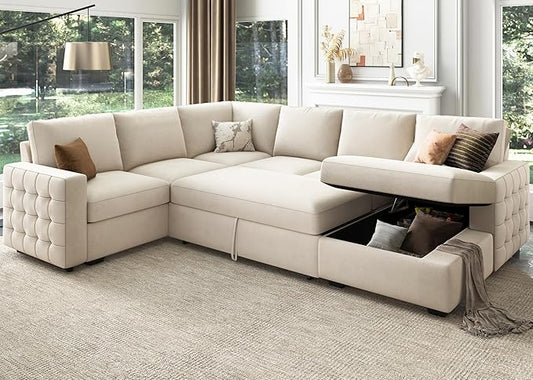 HONBAY Sectional Couch with Pull Out Bed, Sectional Sleeper Sofa with Storage, U Shape Couches for Living Room, Velvet Beige