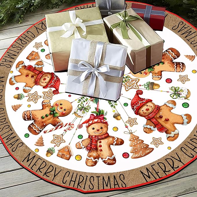 Baccessor Christmas Tree Skirt 36 Inch, Merry Christmas Cute Gingerbread Man Christmas Tree Skirt Collar for Xmas Winter Holiday Farmhouse Vintage Rustic Party Decoration