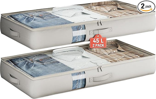 Under Bed Storage Containers with Window, Closet Organizers and Storage Bags, Foldable Underbed Storage Bags for Blankets, Clothing, Comforter, Linen Sheets, Wrapping Paper, 2 Pack, Grey