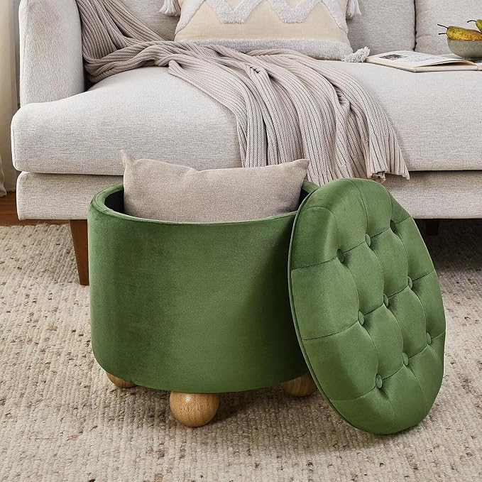 Furniliving Upholstered Button Tufted Round Ottoman, Velvet Storage Ottomans Round, Removable Lid Convenient Footstools, Bedroom Ottoman with Storage for Vanity, Living Room, Green
