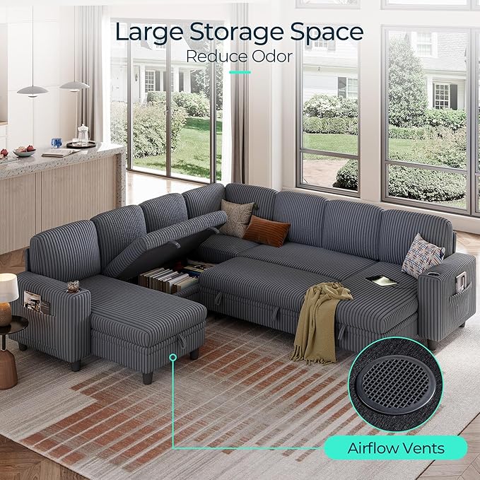 LINSY HOME Sectional Sleeper Sofa with Pull Out Couch Bed - Convertible Plush Corduroy Cloud Couch with Storage Chaise & USB Charging, Comfy Modular Couches for Living Room, Grey
