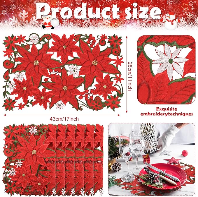 6 Pcs Embroidered Christmas Placemats - Holiday Applique Poinsettia Red Placemats - 11 x 17 Inch