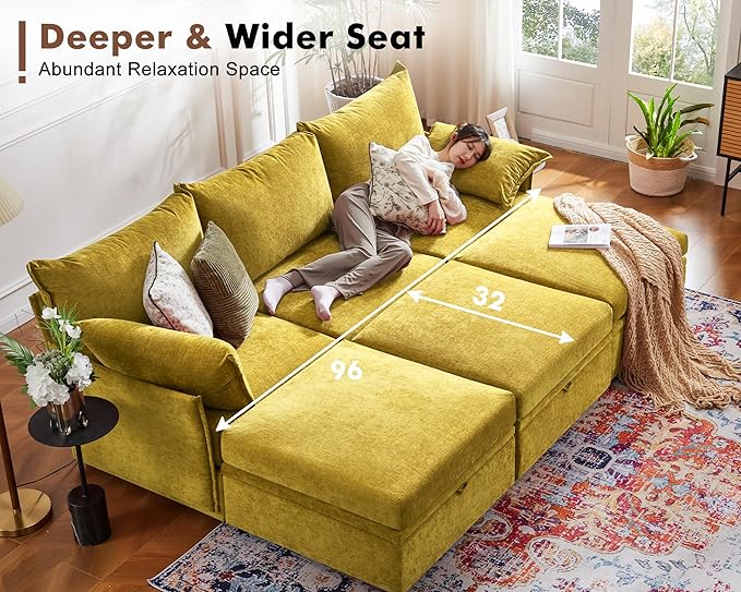 102.6" Modular Sectional Sofa, L Shaped Couch Set for Living Room, 3-Seater Comfy Cloud Couches with Movable Storage Ottoman,DIY Combination - Chenille Yellow