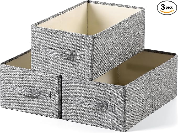 Linen Folding Storage Bins, 3 Pack Large Storage Baskets, Washable, Clothing Storage Bins with Handle, Closet Organizer for Storage Sweater,Sheets(dark grey, 16"x9½"x6¾")