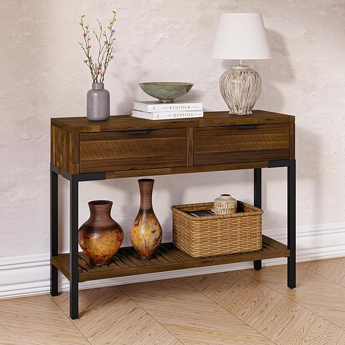 Bme Millie Farmhouse Solid Wood Console Table with 2 Drawers & Storage Shelves, 43" Boho Sofa Table for Entryway, Hallway, Living Room, Rustic Chestnut