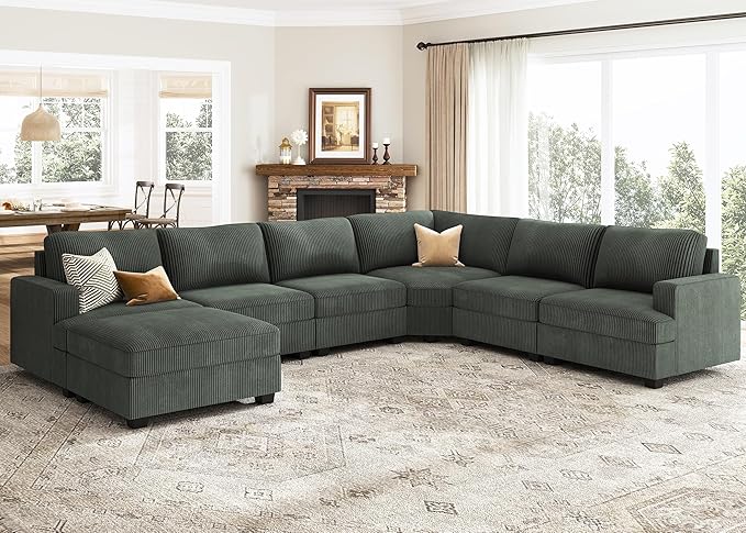 Nolany Modular Sectional Couch with Storage Ottoman, Corduroy Sectional Sofa with Chaise, U Shape Sectional Couches for Living Room, Green