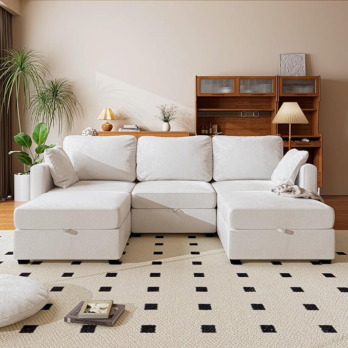 mestyl Modular Sectional Sofa Convertible U Shaped Sofa Couch Set with Storage for Living Room, Modern 3 Seater Modular Sectional Couch with 2 Movable Ottoman (Beige)