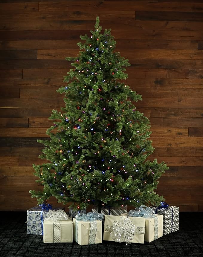 Fraser Hill Farm 7.5-Ft. Foxtail Pine Artificial Christmas Tree with Dual Multicolor & Warm White LED Lights and Stand, Prelit Foldable Fake Tree with Realistic Foliage for Home Decoration