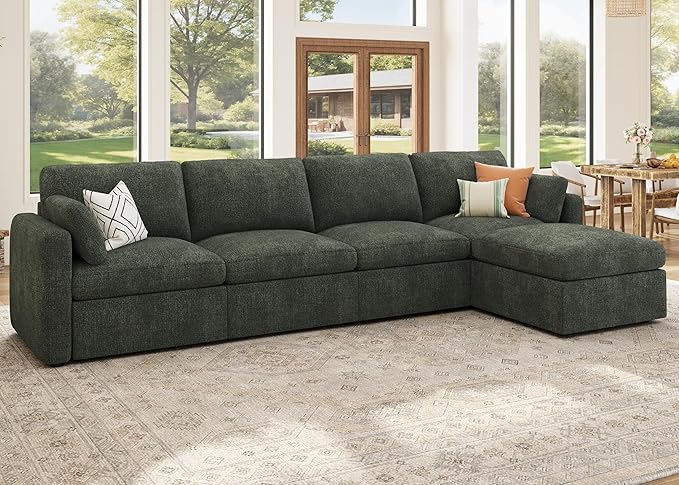 HONBAY Modular Sectional Sofa with Storage Seats, L Shaped Sectional Couch with Storage, Chenille Sectional Couches for Living Room, Green